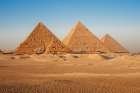 Africa, Egypt, Giza. Classic view of the three Pyramids of Giza. Art Print